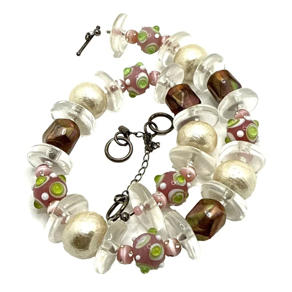Lampwork Glass Lucite Bead Necklace Multicolor Wedding Cake Statement 925 Clasp